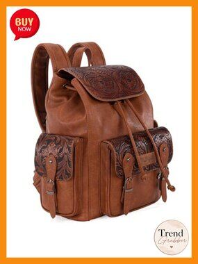 Western Floral Tooled Backpack Purse with Drawstring Closure, Adjustable Strap